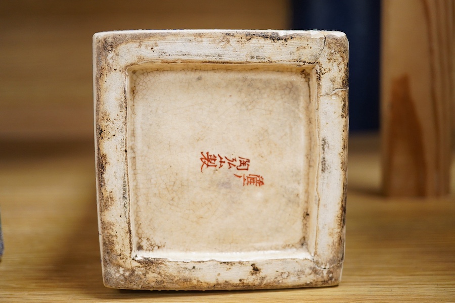 A pair of Satsuma square section vases, Meiji period, 31cm high, 10cm wide. Condition - one vase has deep cracking to one surface